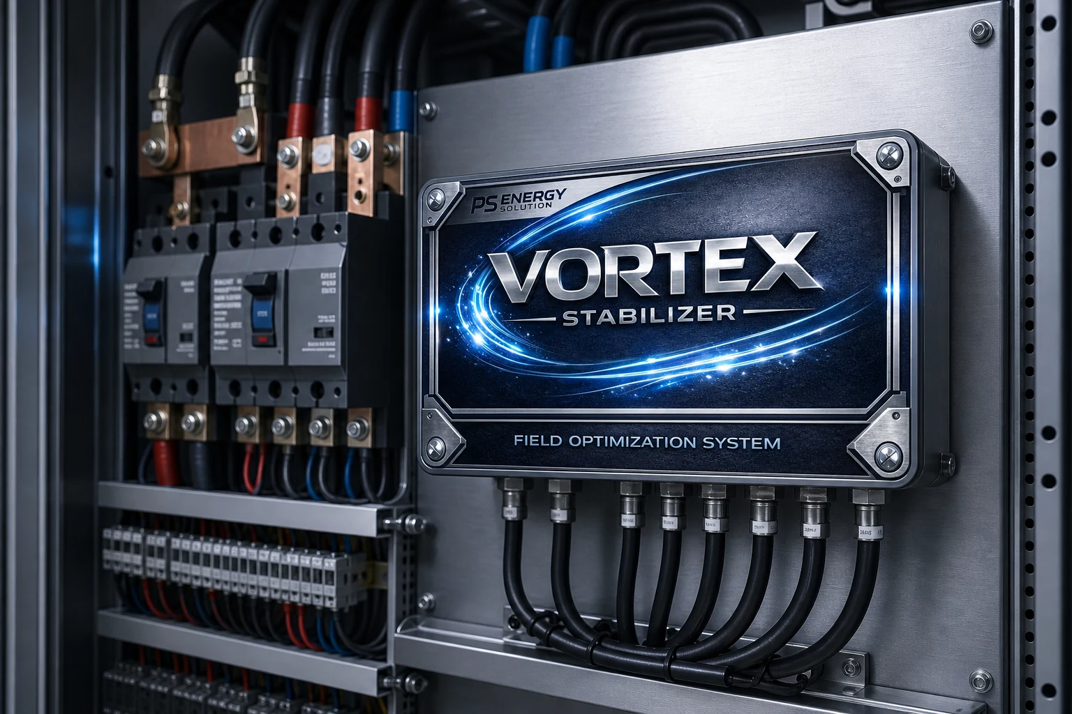 산업용 전기 제어반에 설치된 VORTEX STABILIZER